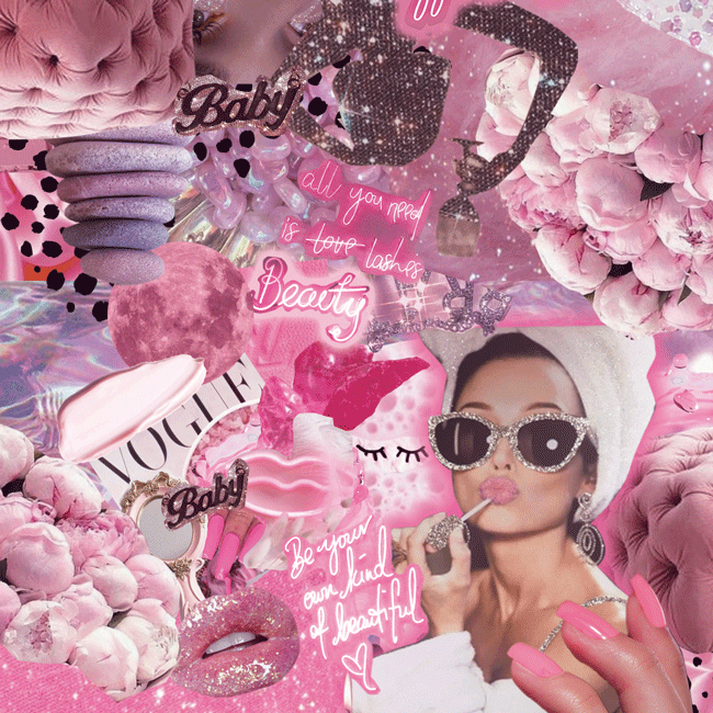 A collage of pink and glittery fashion and beauty items, including a woman with sunglasses and lipstick, flowers, makeup, and decorative words like "baby," "beauty," and "be your own kind of beautiful."