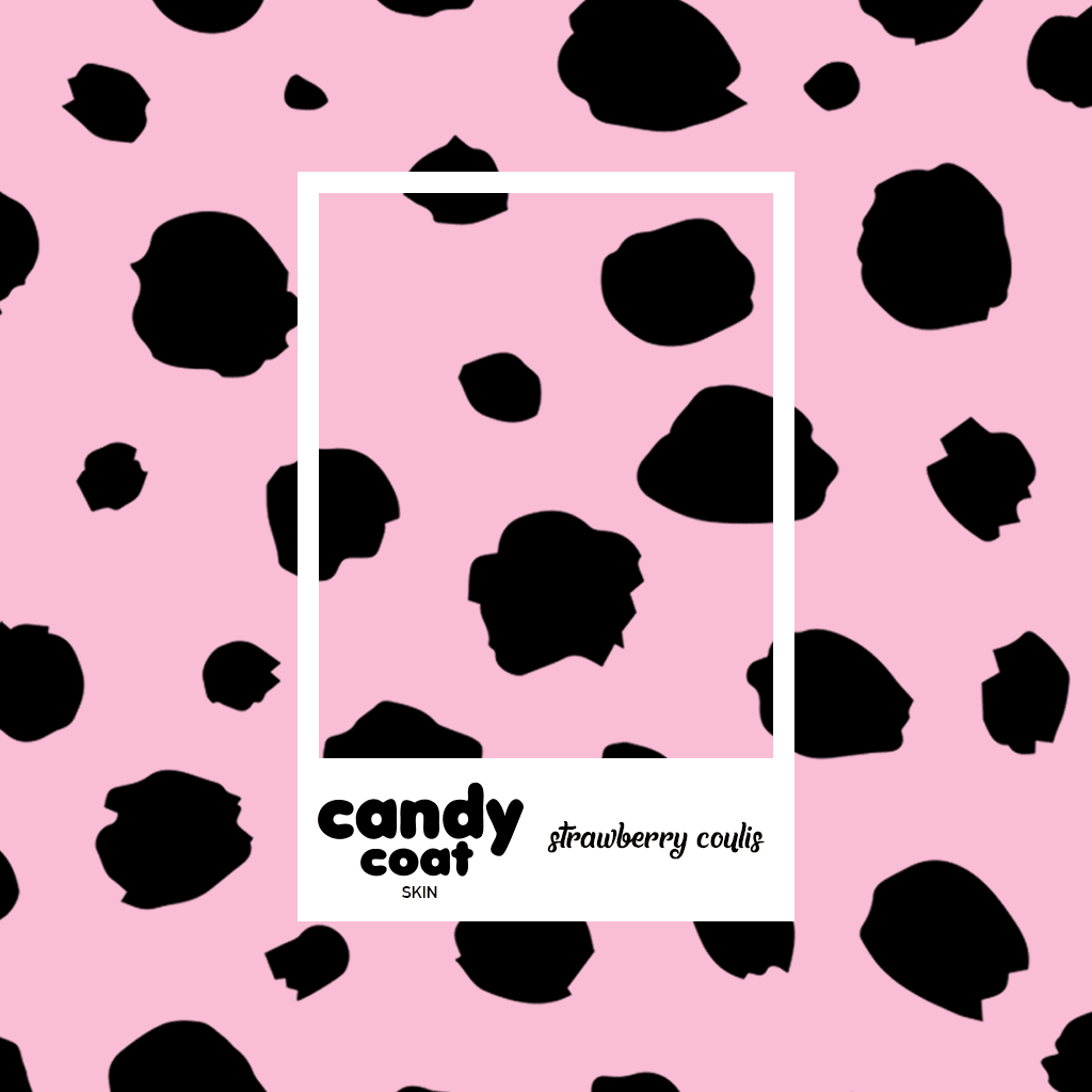 Packaging for Candy Coat nail polish in Strawberry Coulis color, featuring a pink background with black irregular spots, and a label with the product name.