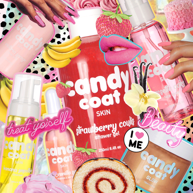 Collage of colorful candy-themed skincare and beauty products, including shower gel, body lotion, and spray bottles, decorated with strawberries, bananas, flowers, lips, and a cake roll.