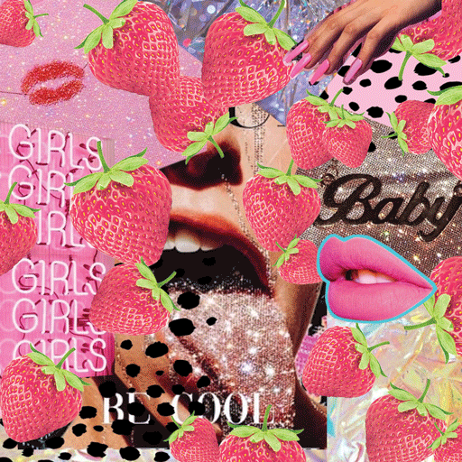 Collage of strawberries, lips, a tongue, and text elements including "GIRL" and "BE COOL" with bright colors and patterns.