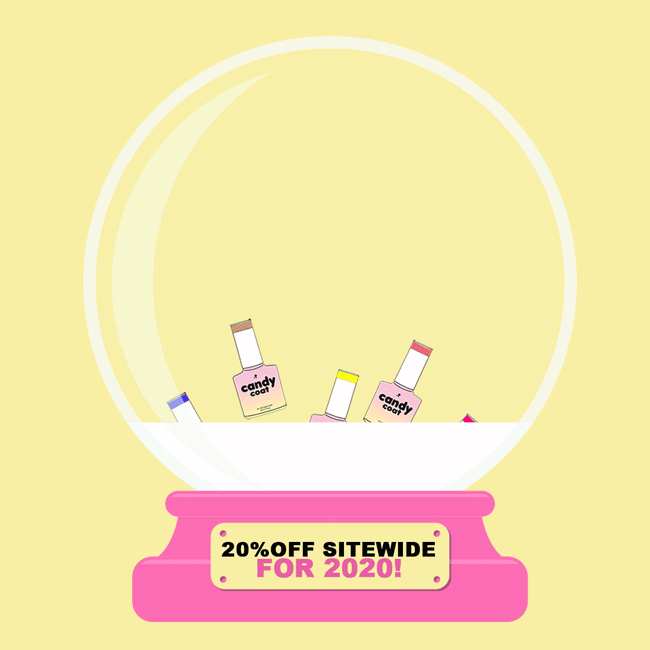 A gumball machine with small nail polish bottles inside, a pink base, and a sign offering 20% off sitewide for 2020.