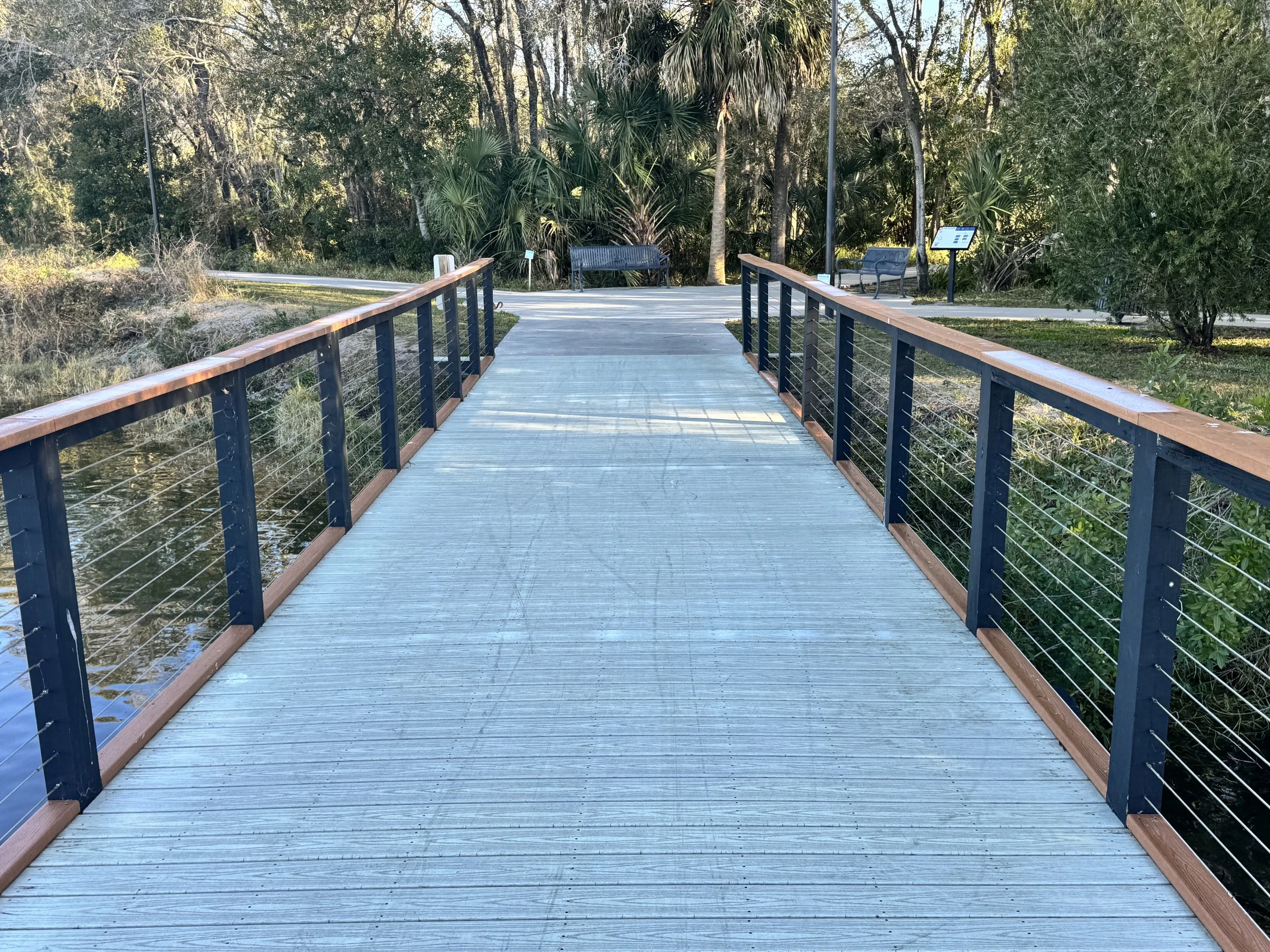 wooden pedestrian bridge crossing stream in nature park
