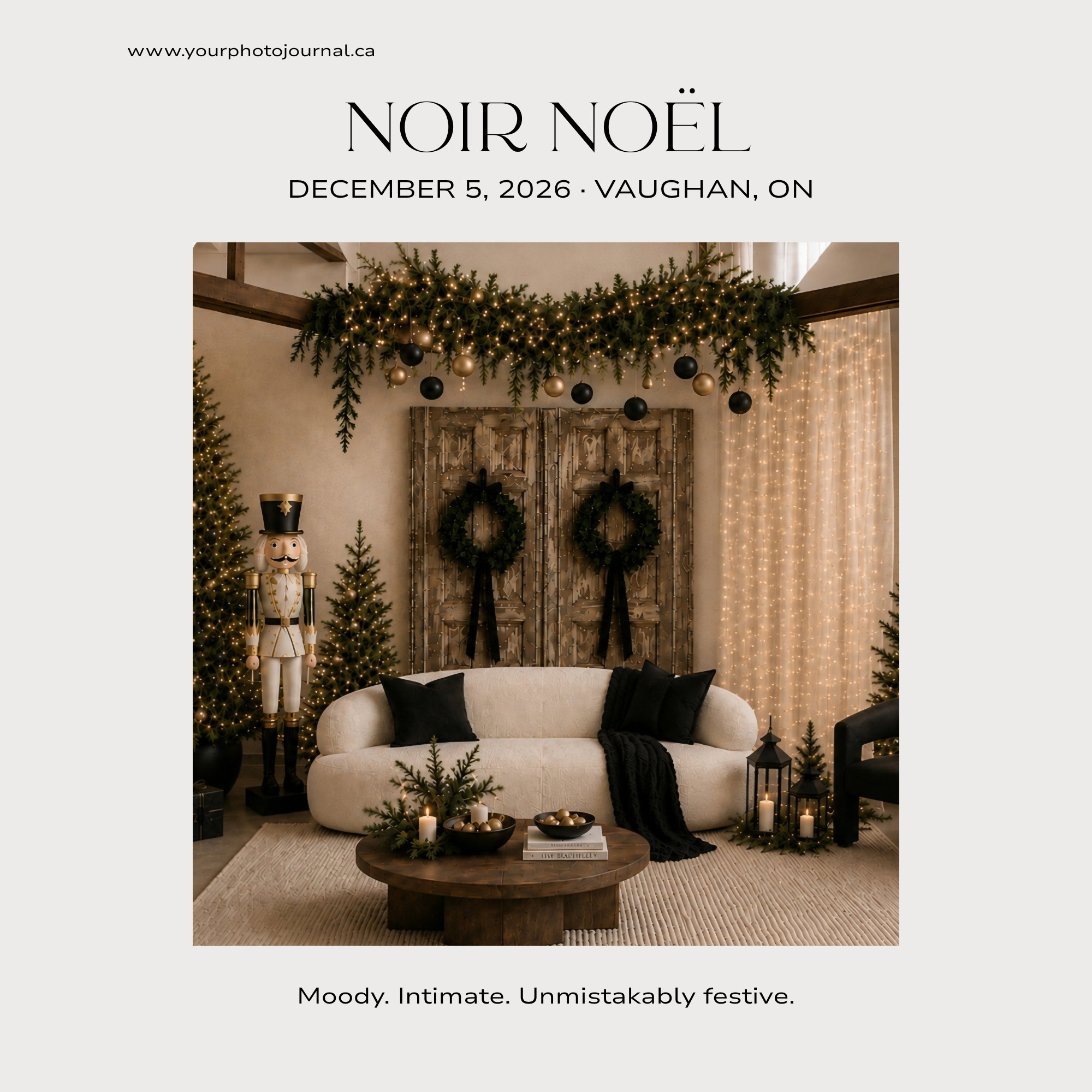 A cozy living room decorated for Christmas with a white sofa, black pillows, a wooden coffee table with candles, greenery, and ornaments, and a background featuring hanging string lights, Christmas trees, and a nutcracker figurine.
