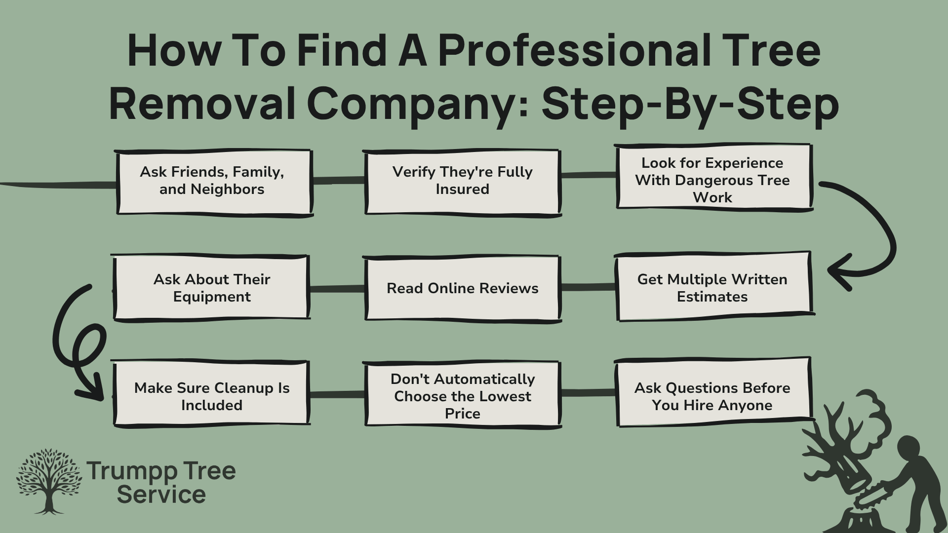 graphic showing the steps for how to find a professional tree removal company