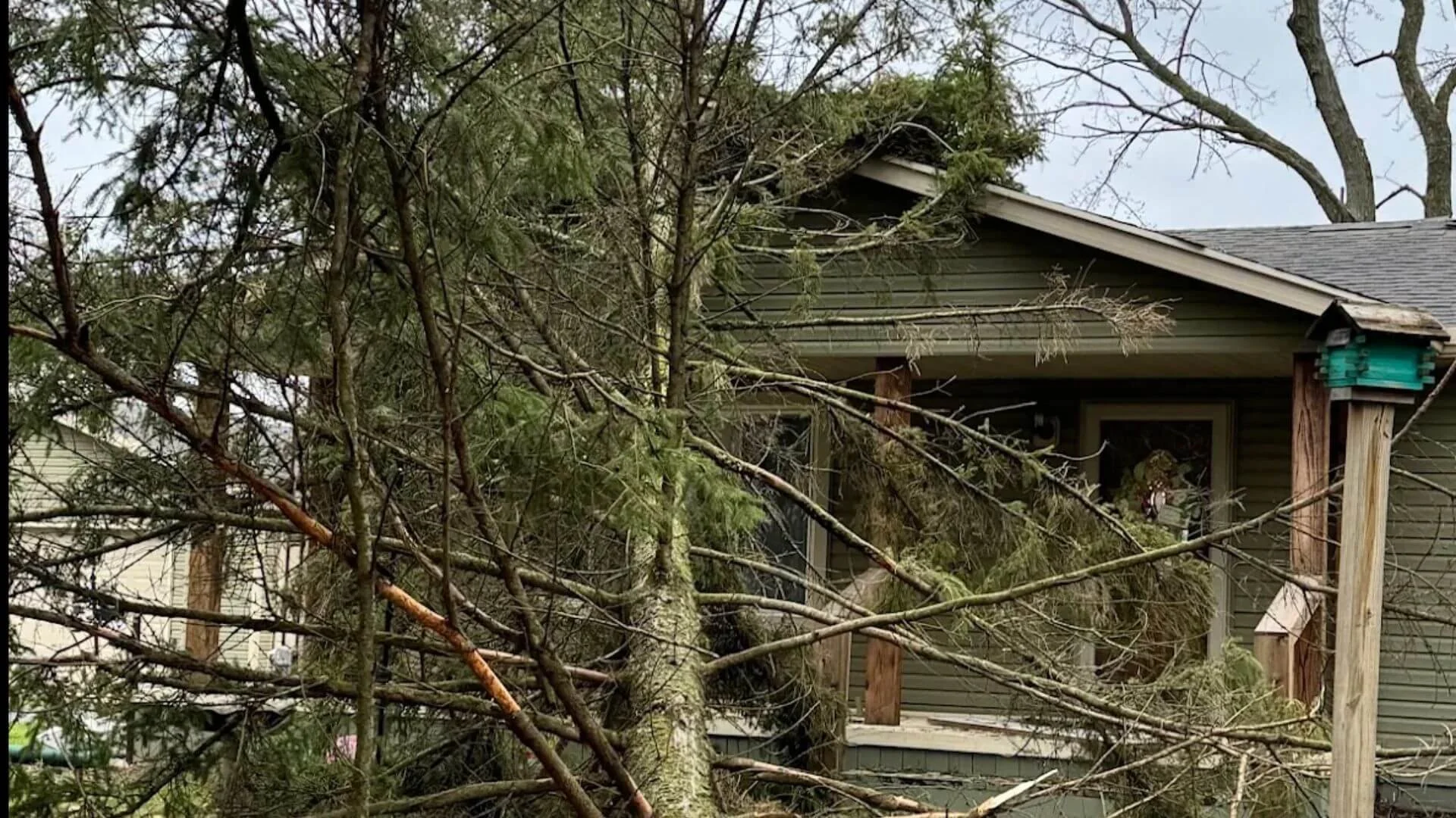 a tree sitting on a home after storm damage