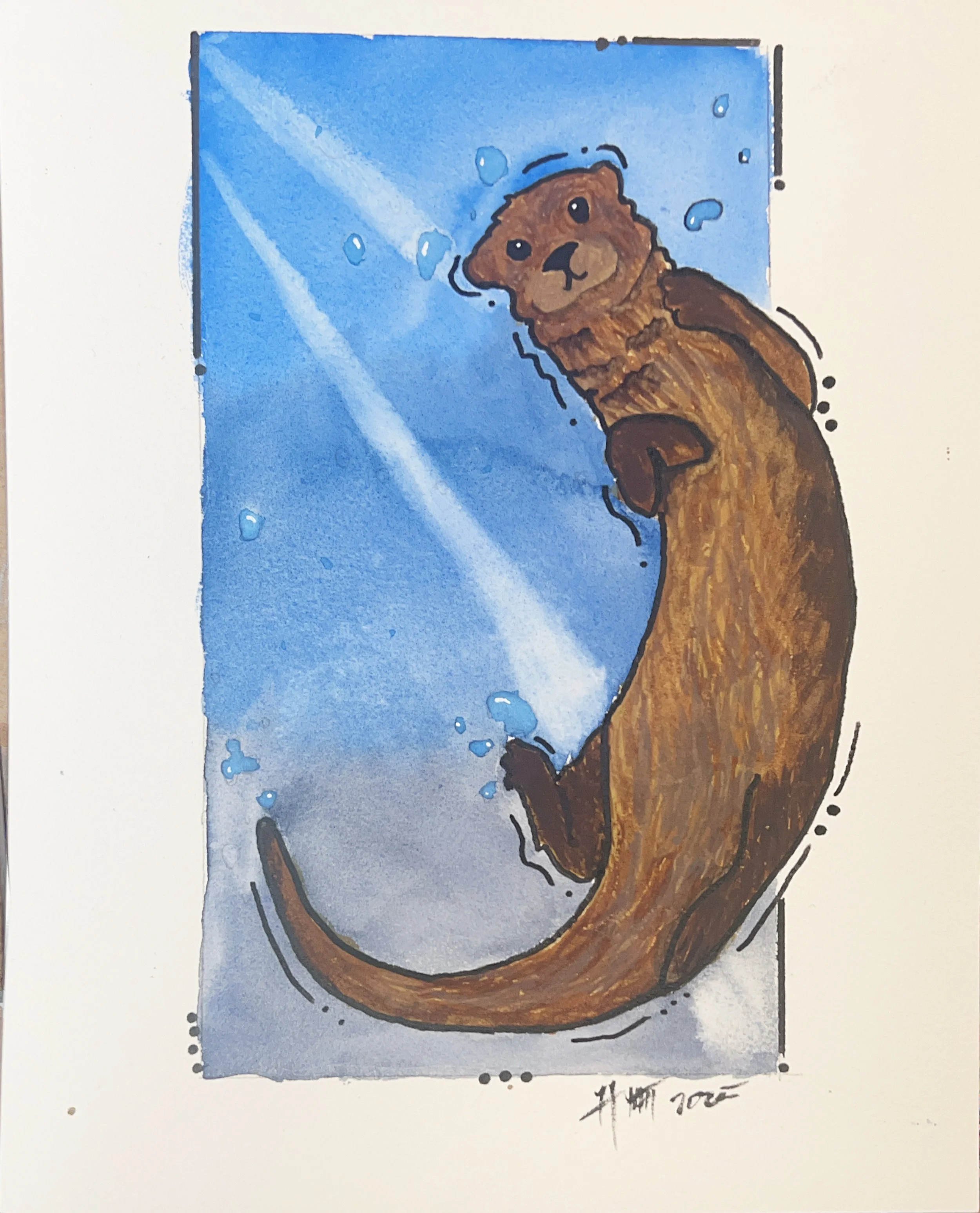 A watercolor illustration of a brown otter swimming underwater with bubbles and a blue background.