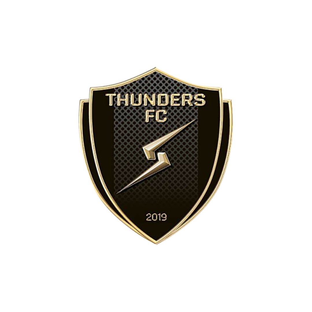 Gold and black shield-shaped logo for Thunders FC with a stylized lightning bolt, the year 2019, and the team name at the top.