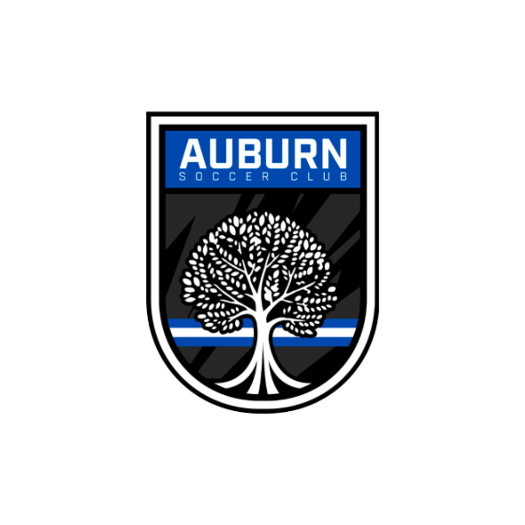 Auburn Soccer Club logo featuring a large white tree with detailed leaves, a blue and white stripe beneath, and the words 'Auburn Soccer Club' in blue at the top.