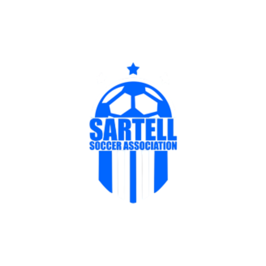 Soccer ball at the top of a shield with three stars above, and the text 'STARTEL SOCCER & ARENA ASSOCIATION' in blue and white colors.