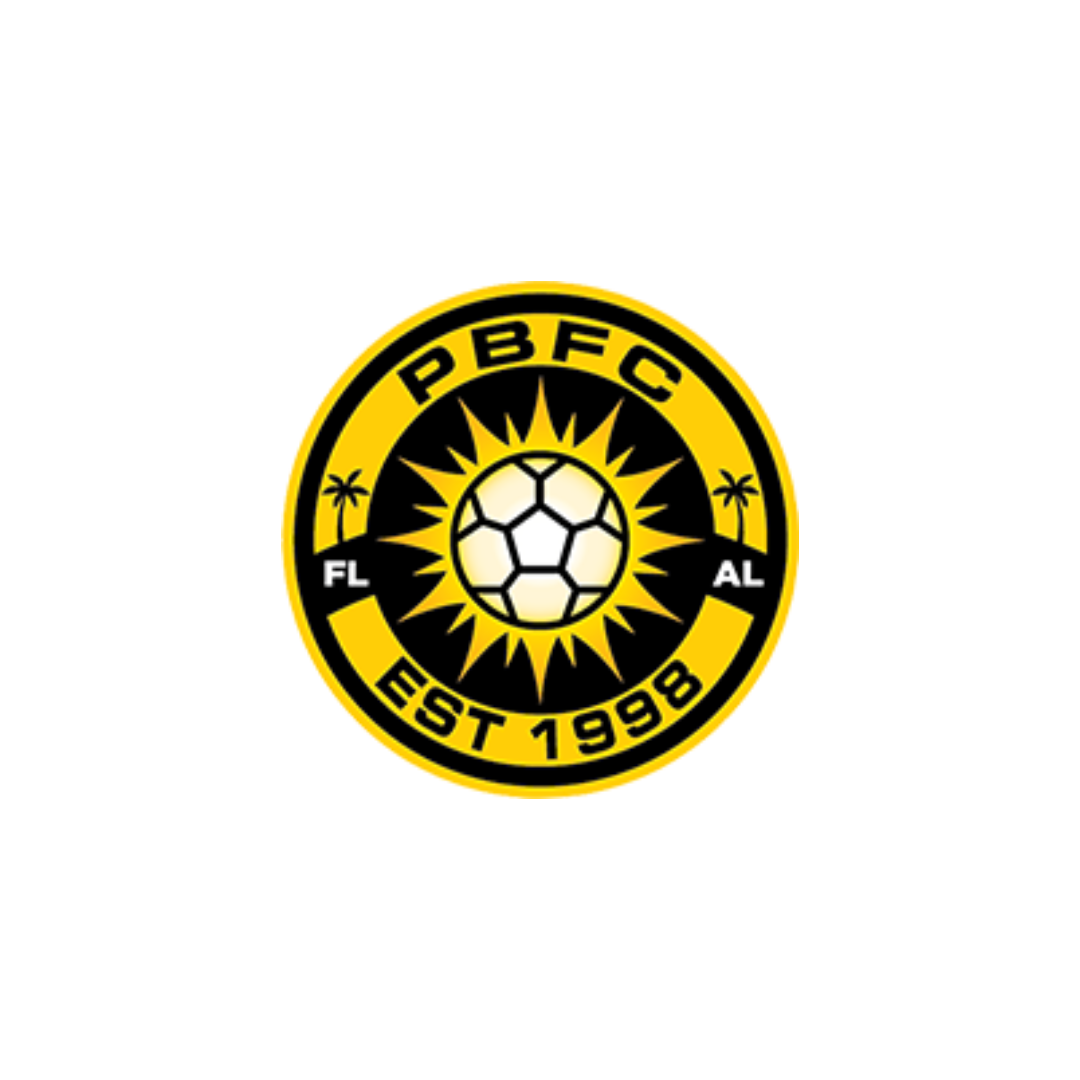 Logo of Pelican Bay Soccer Club, established 1998, featuring a soccer ball, sun rays, palm trees, and yellow and black colors.