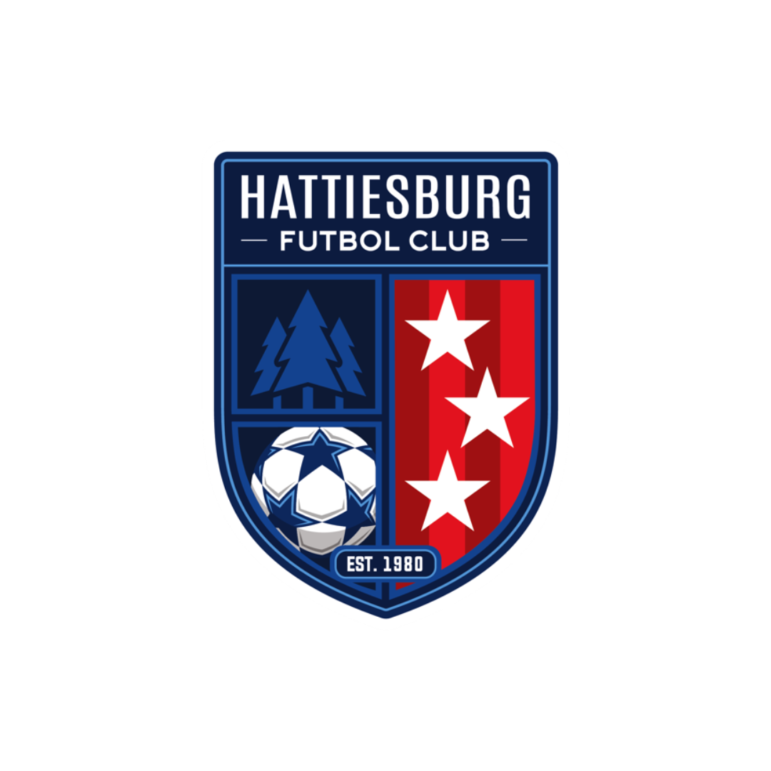 Hattiesburg Futbol Club logo featuring three pine trees, three stars on a red striped background, and a soccer ball, with the text "EST. 1980" at the bottom.