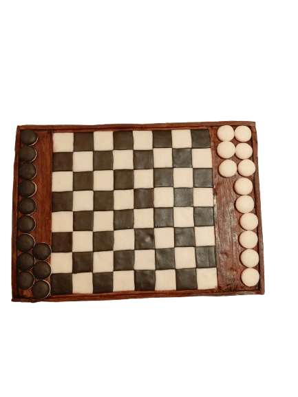 Checkerboard game with black and white pieces, with the black pieces on the left side and the white pieces on the right side.