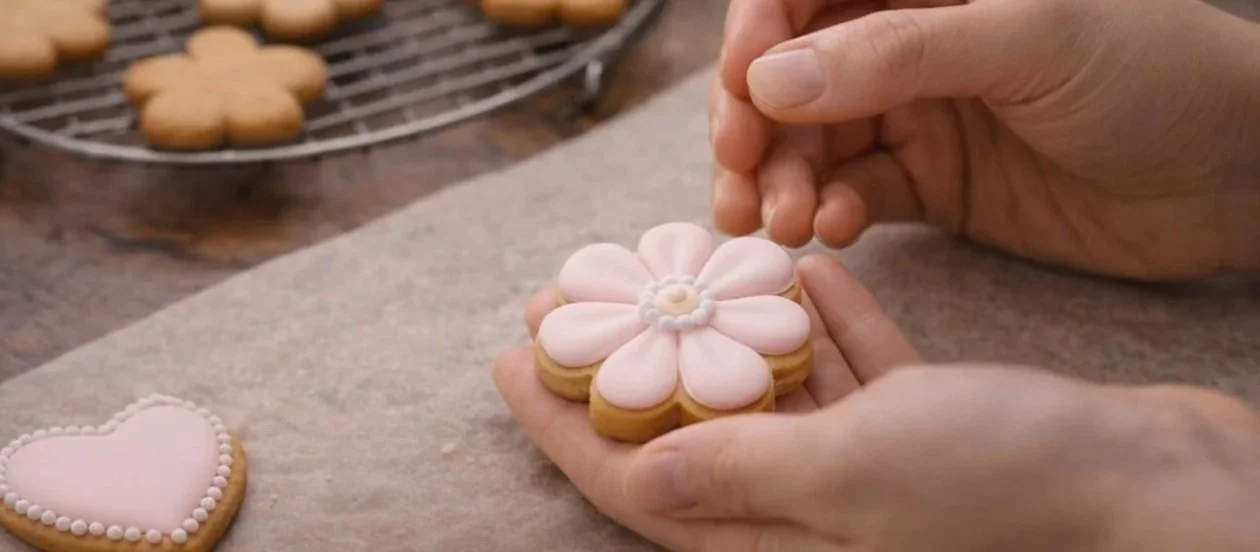 A person decorating a flower-shaped sugar cookie with pale pink icing, with a heart-shaped cookie decorated with pink icing and white pearls on the side, and a wire cooling rack with other cookies in the background.