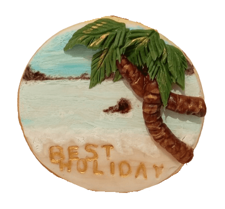 Cake decorated with a beach scene, featuring a painted sky, sand, a small rock, and a palm tree made of brown and green icing, with the words "Best Holiday" written in yellow on the sand.