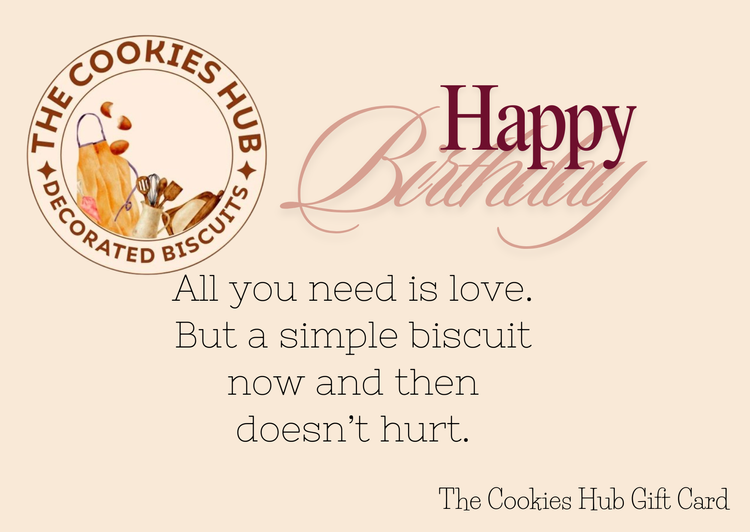 Birthday greeting card from The Cookies Hub with a logo of decorated cookies and a quote about love and simplicity