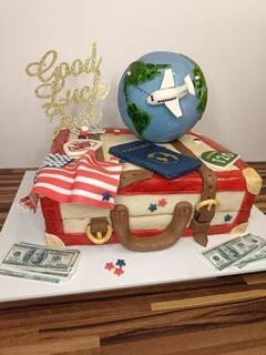 A cake shaped like a suitcase with an airplane theme, decorated with travel-related items including a globe with a plane, a 'Good Luck' topper, American dollar bills, and travel-themed decorations.