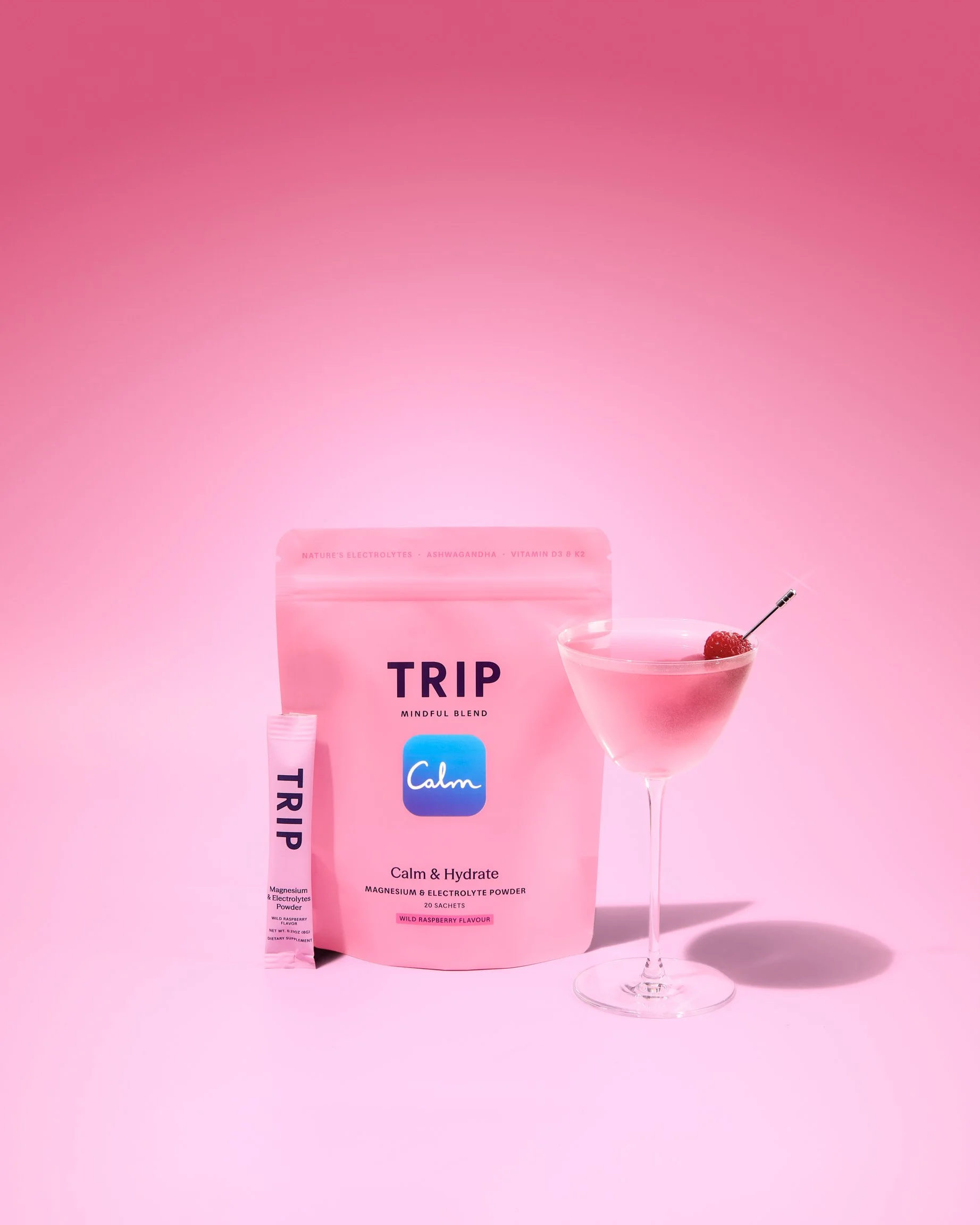 TRIP CBD beverage pack shot on pink background for commercial campaign