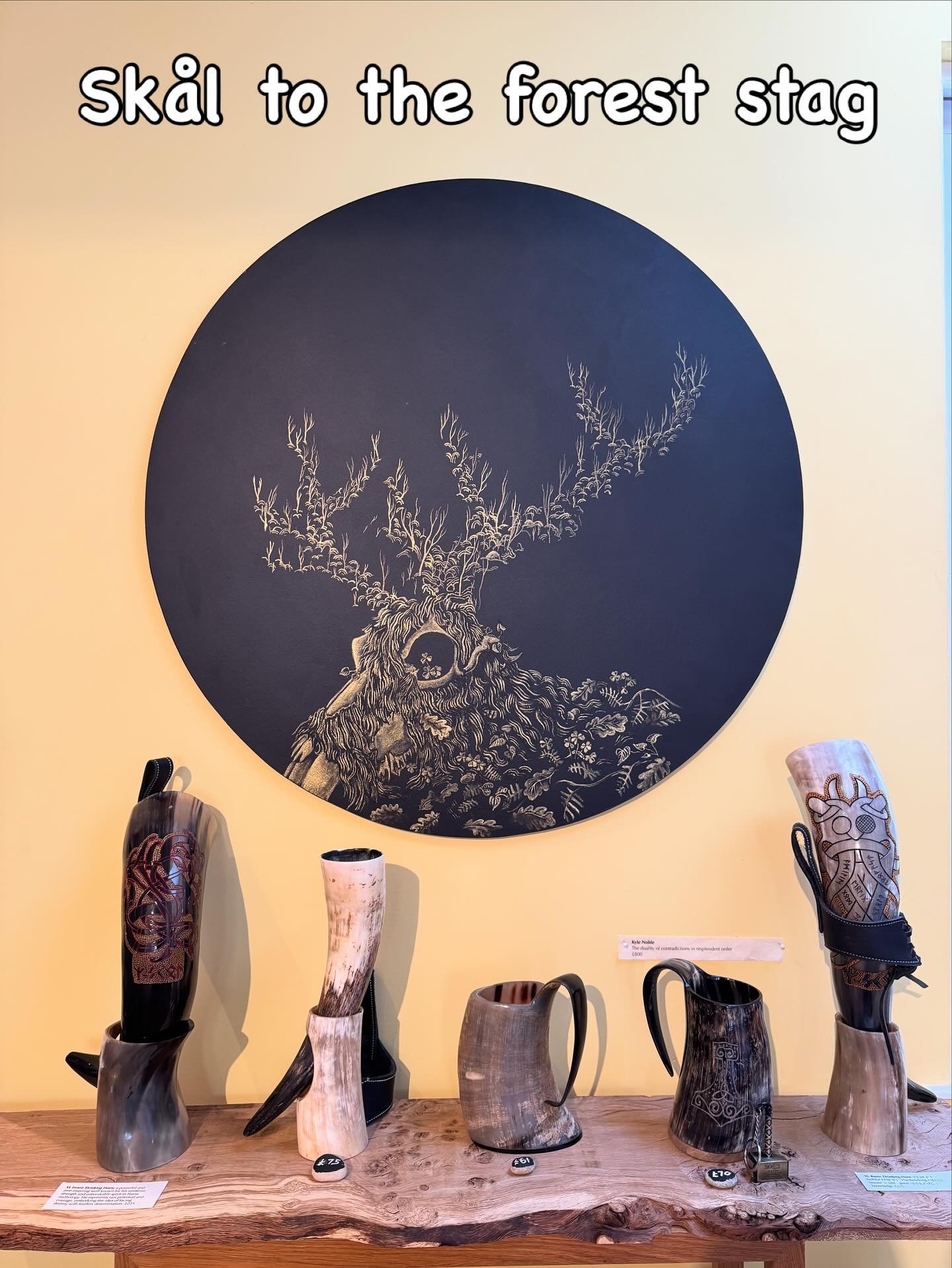 Kyle Nobel&rsquo;s &ldquo;regeneration&rdquo; Atlantic rainforest deer at Ardornish Estate. Gold acrylic on board. &pound;800. Hand carved drinking horns. &pound;70-&pound;300