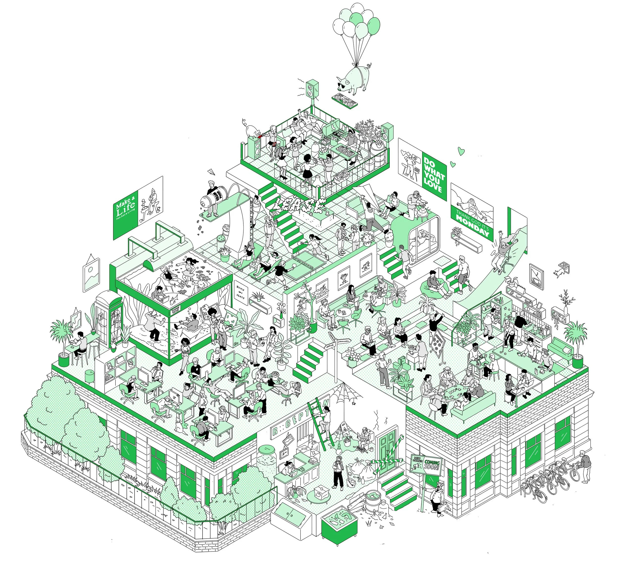 An isometric illustration of a multi-level community space with various activities: people working on computers, socializing, playing music, in a kitchen, and engaging in recreational activities, decorated with plants and motivational signs.