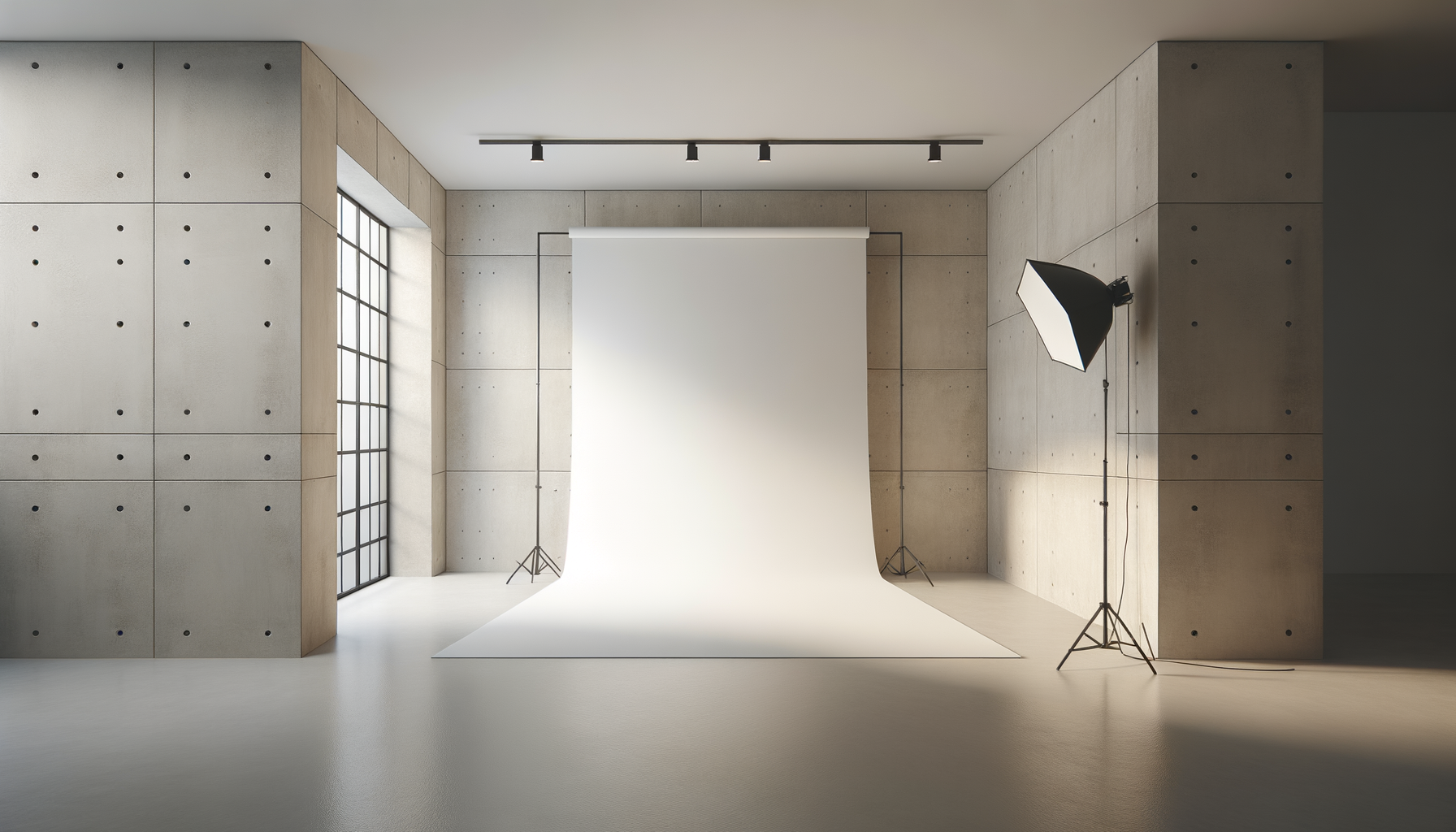 Photography studio with a white backdrop, studio lights, and large windows in a modern minimalistic room.