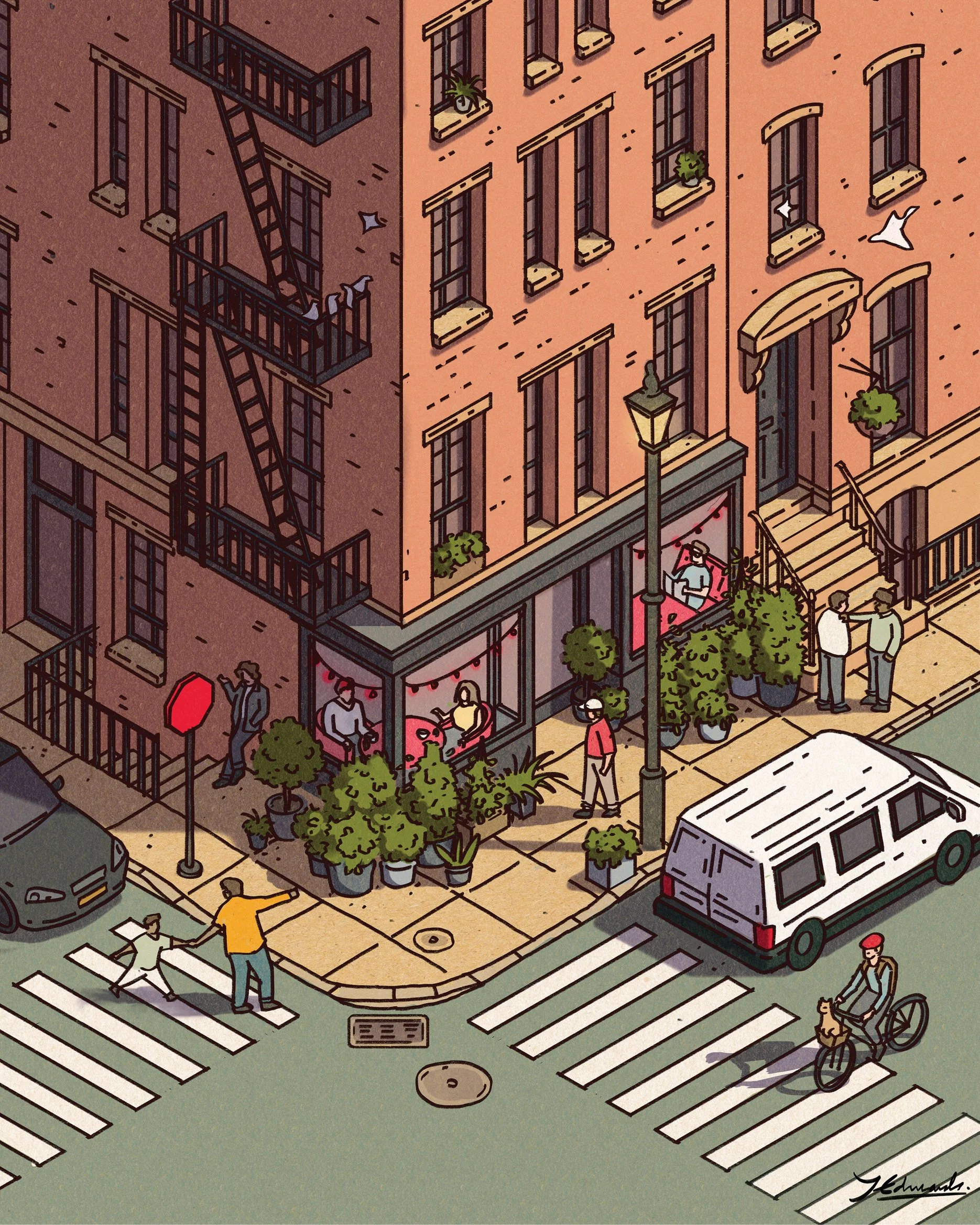 Isometric illustration of a city corner with a brick building featuring fire escapes, people sitting in a cafe with string lights, pedestrians crossing a crosswalk, a cyclist with a dog, and a parked van.