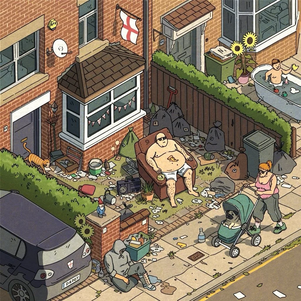 A dirty residential backyard with a man sitting on a couch, a woman pushing a stroller with a dog, a man sitting on the sidewalk, and a boy in a bathtub. There are trash bags, scattered trash, and clutter around. A cat and sunflower plant are also visible.