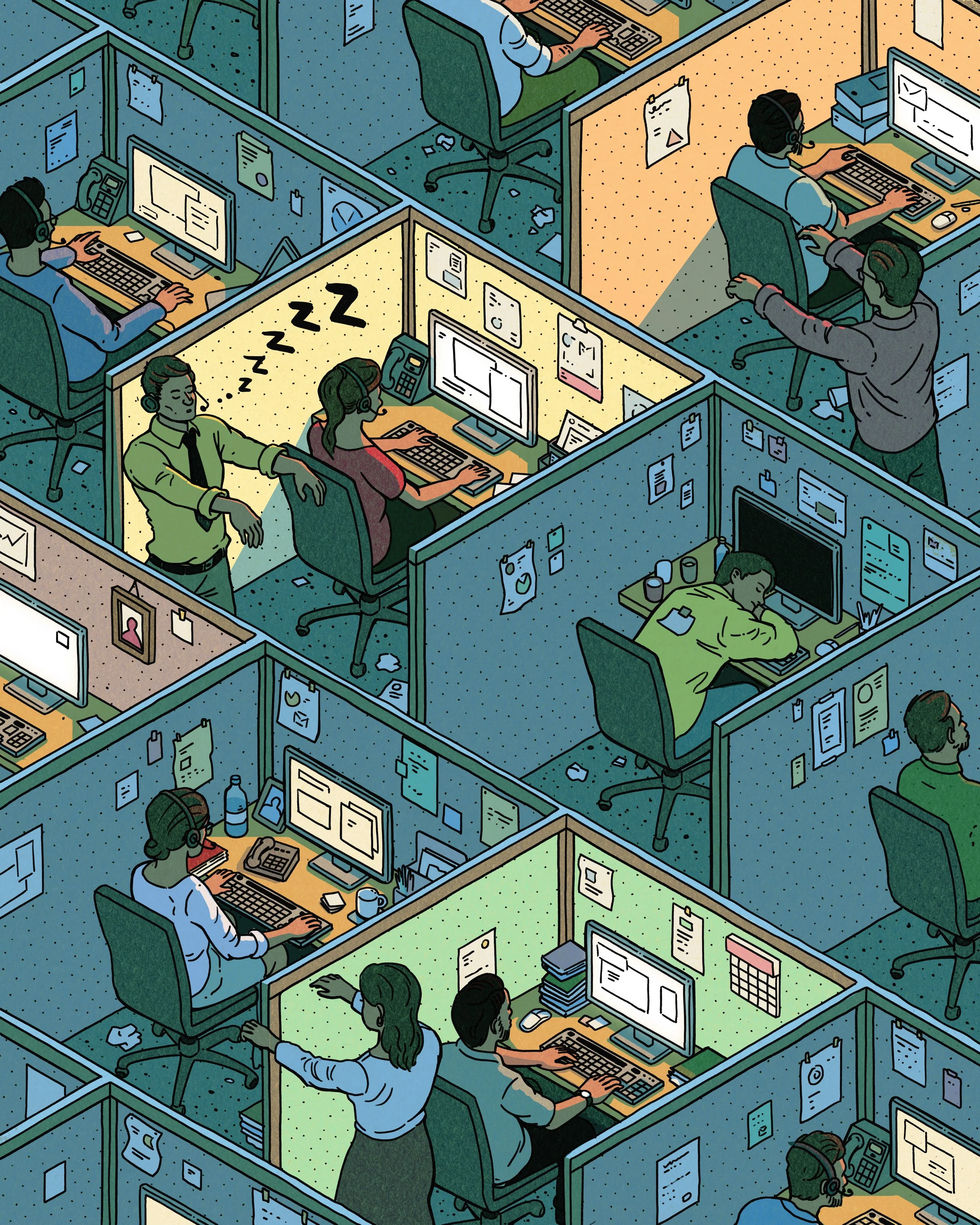Illustration of a busy office with multiple cubicles, some employees working at their desks, one person sleeping, and a manager talking to an employee.