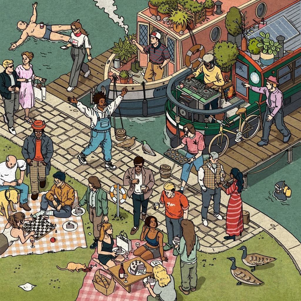 A lively outdoor gathering near a canal featuring people enjoying various activities such as dancing, playing chess, shopping, and socializing, with a houseboat, ducks, a swimmer, and a family having a picnic.