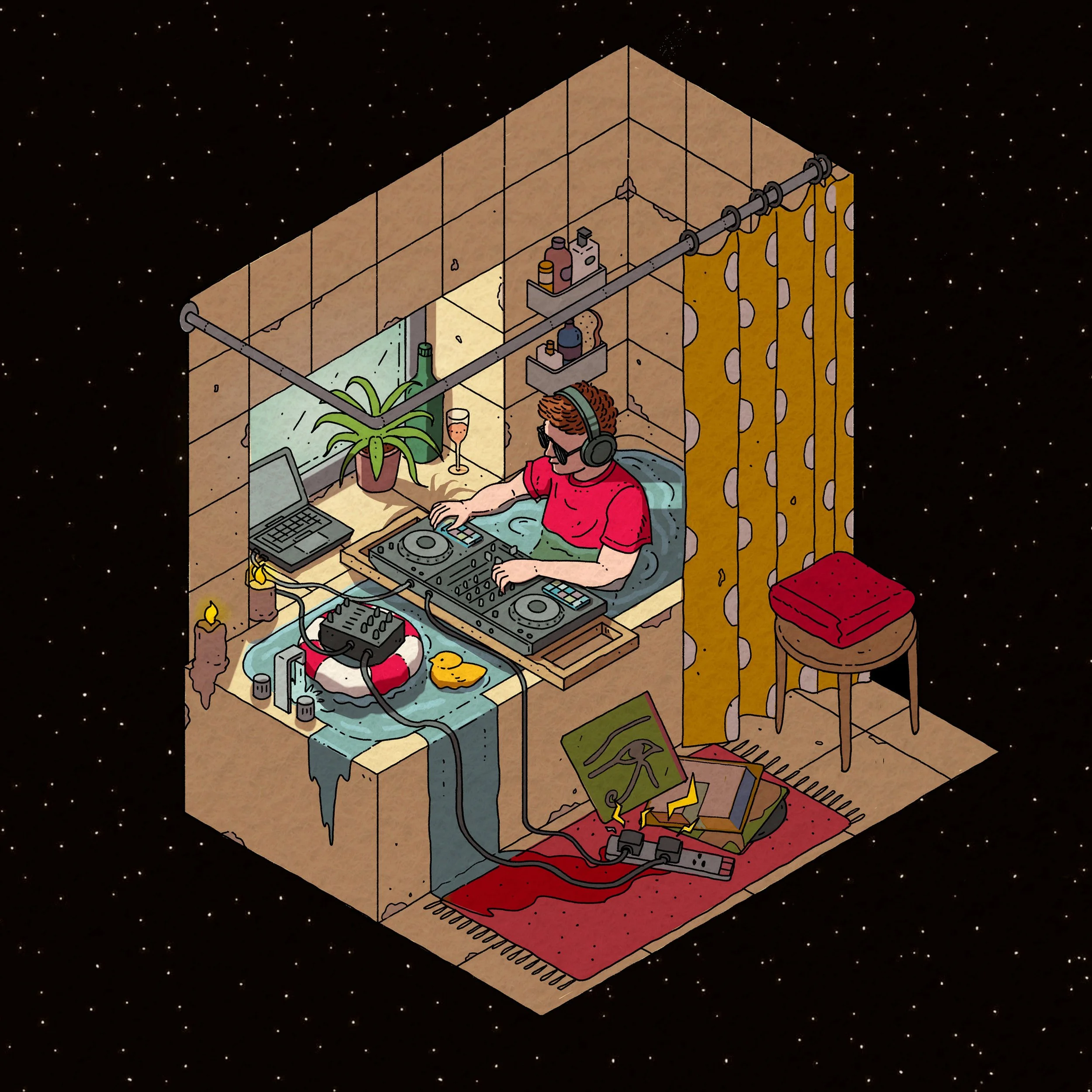 An illustration of a person with headphones and sunglasses DJing at a booth in a room floating in space, with various objects including a plant, laptop, candles, and a red stool.
