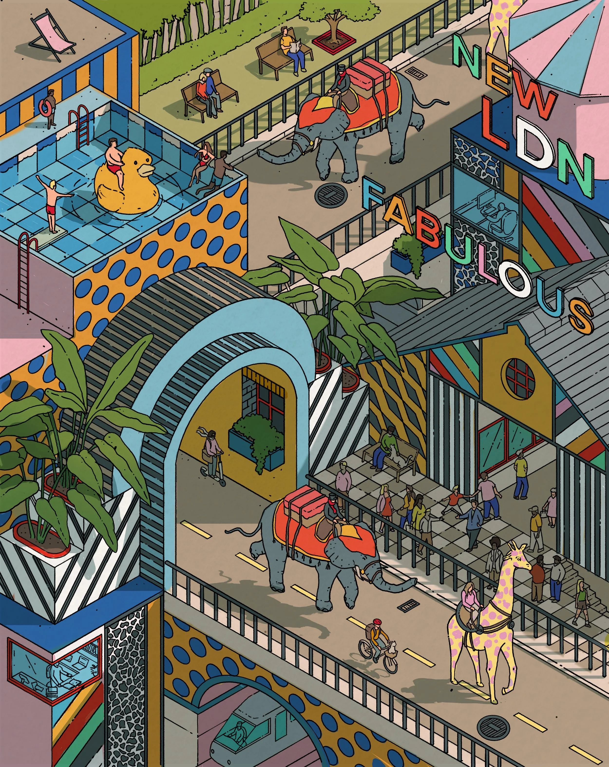 Colorful amusement park scene with playful animals, including elephants with saddles, a giraffe, a duck-shaped pool with children, and people walking, cycling, and sitting in the background. Neon sign reads 'New LOND FABULOUS'.