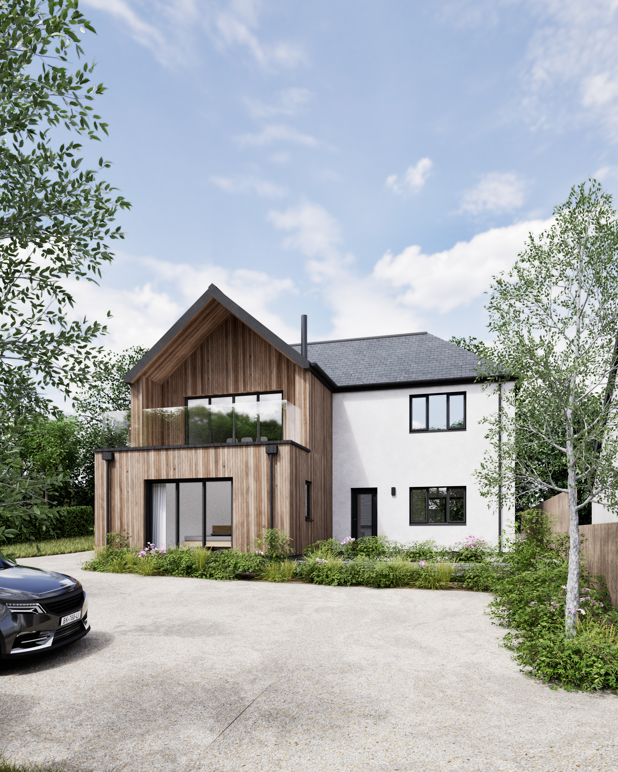 Modern house with a wooden facade and white walls, large windows, surrounded by green trees and plants, with a gravel driveway and a black sports car parked.
