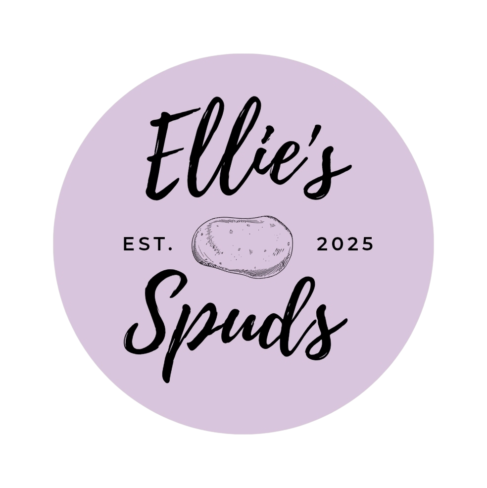 A circular logo with a lavender background featuring the text 'Ellie's Spuds' in black, cursive font, and 'EST. 2025' in smaller, uppercase letters. There is an illustration of a potato in the center.