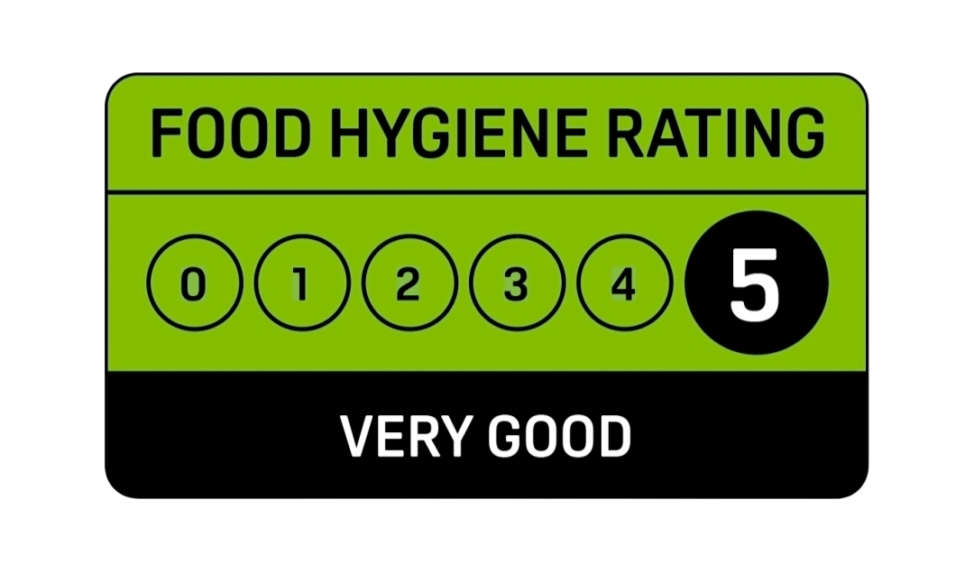 Food hygiene rating label showing a score of 5 and the description 'very good'.