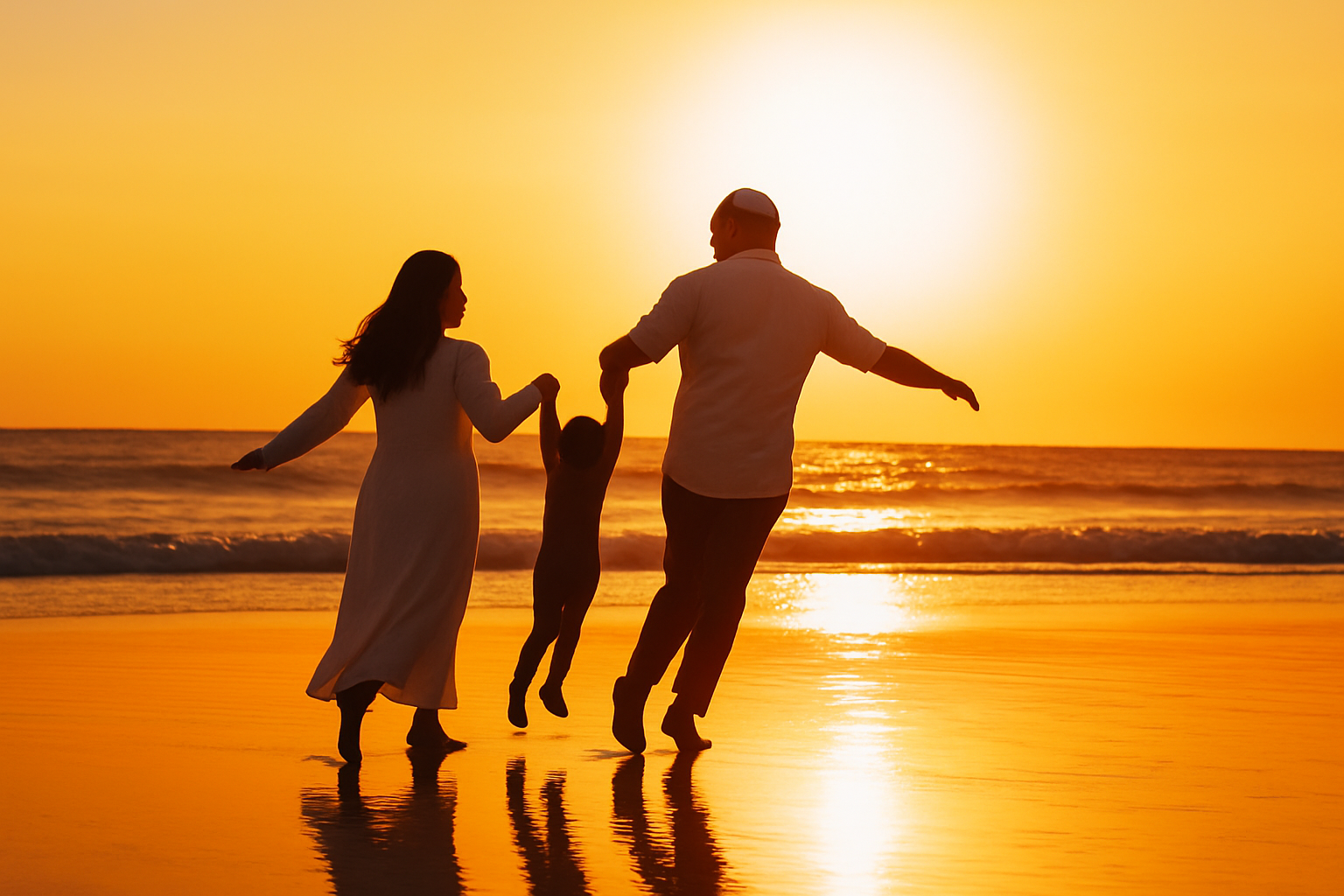 A Jewish family of three holding hands and enjoying a sunset on the beach, with their reflections visible on the wet sand.