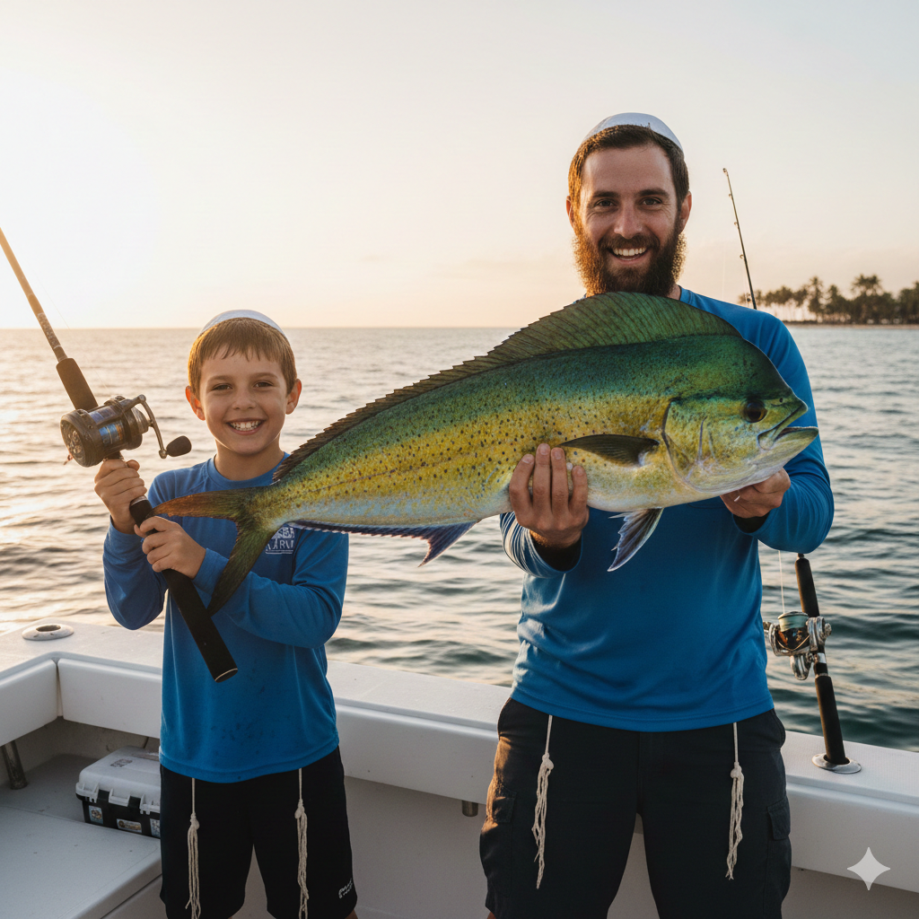 Fishermen aboard a boat catch a large tuna fish.