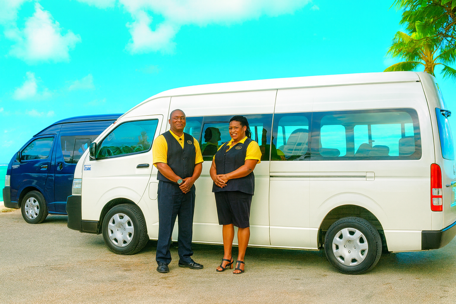 Two staff members, a man and a woman, standing in front of a white passenger van, with a palm tree and blue sky in the background.
