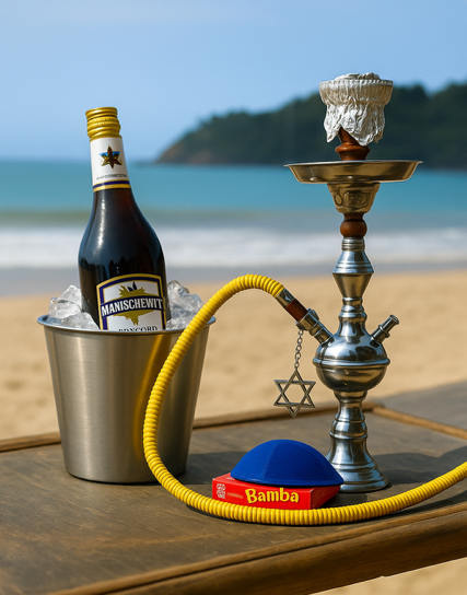 Hookah on a table at the beach with a bottle of grape juice in a metal ice bucket