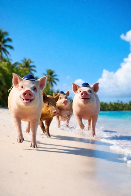 A pig swimming in clear blue ocean water with a boat and cloudy sky in the background.