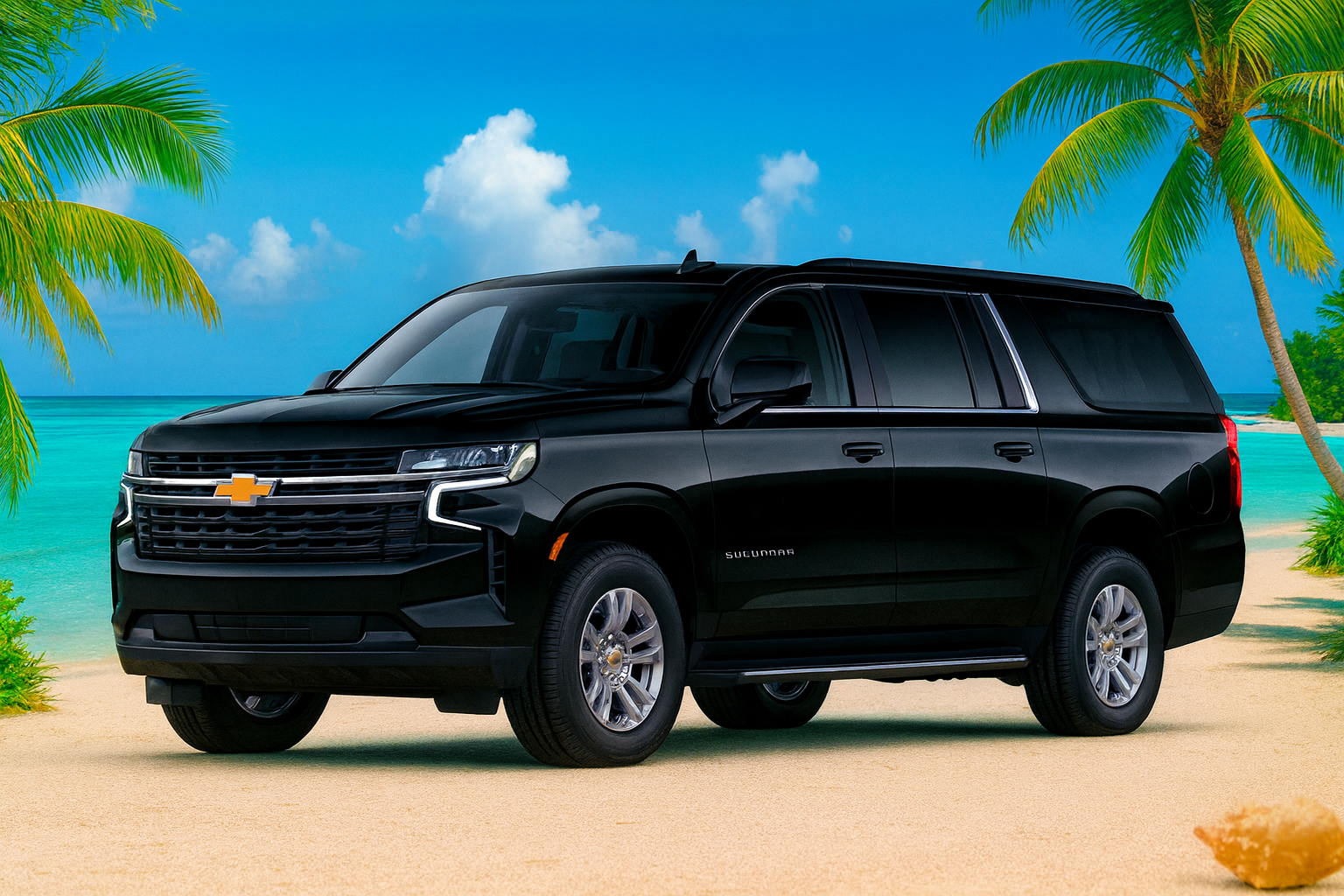 Black Chevrolet Suburban on a sandy beach with palm trees and turquoise ocean in the background under a blue sky with clouds.