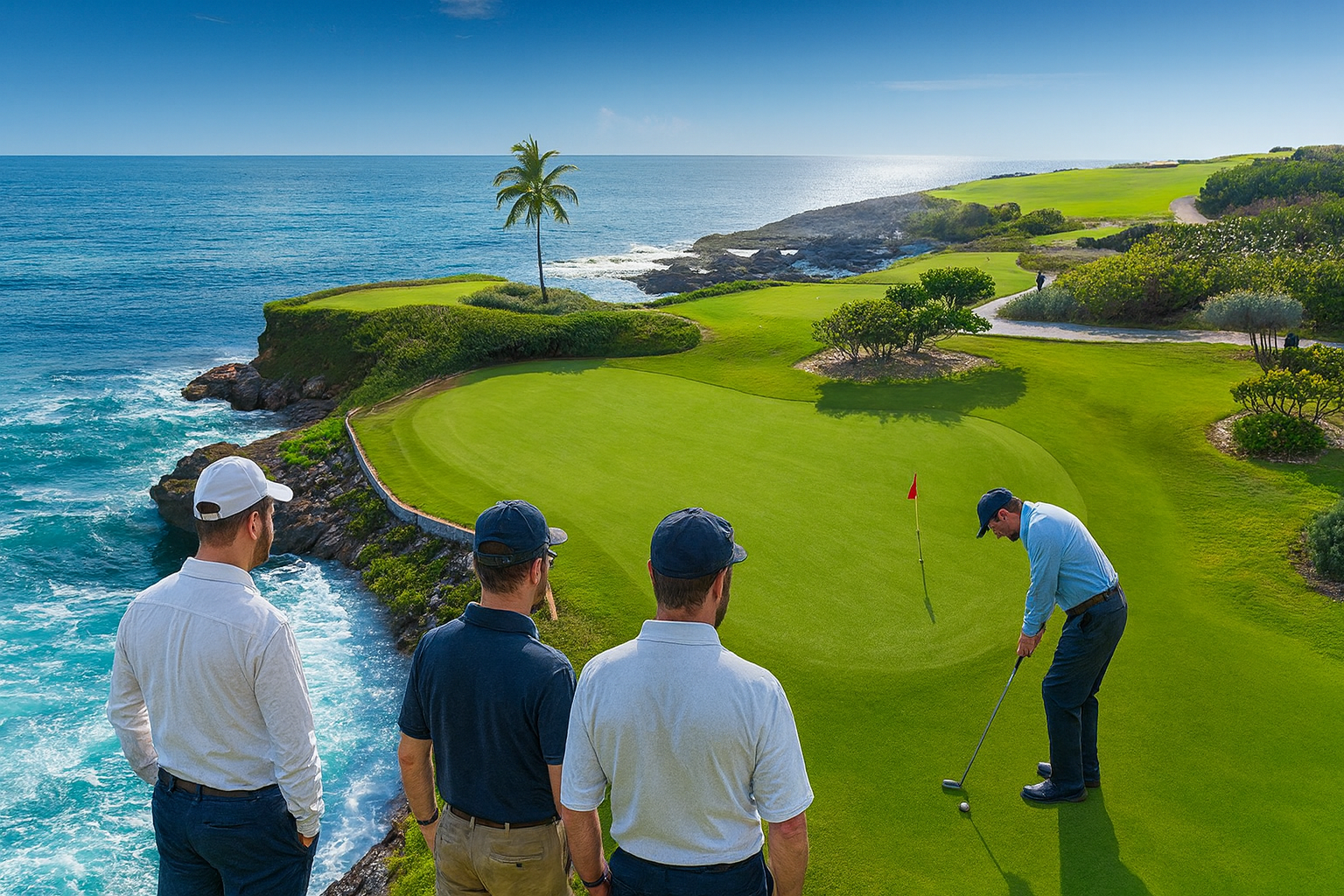 Four men watching a golfer putt on a coastal golf course with ocean view and blue sky.