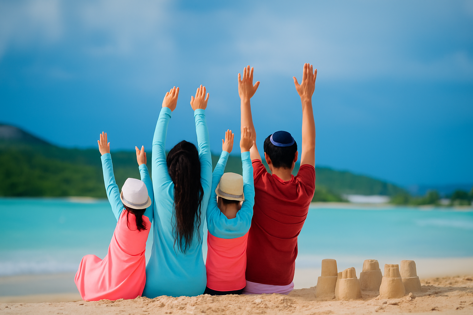 A Jewish family of five sitting on the beach with their backs to the camera, raising their hands in the air, with a view of ocean, green hills, and cloudy sky in the background, and sandcastles nearby.