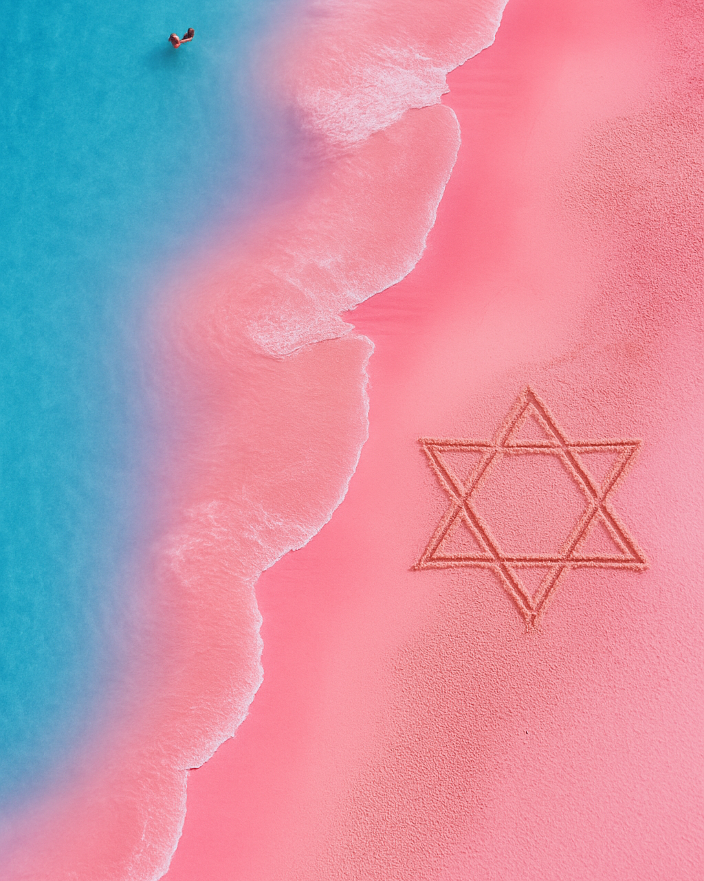 Aerial view of a beach with pink sand and clear turquoise water where people are swimming.