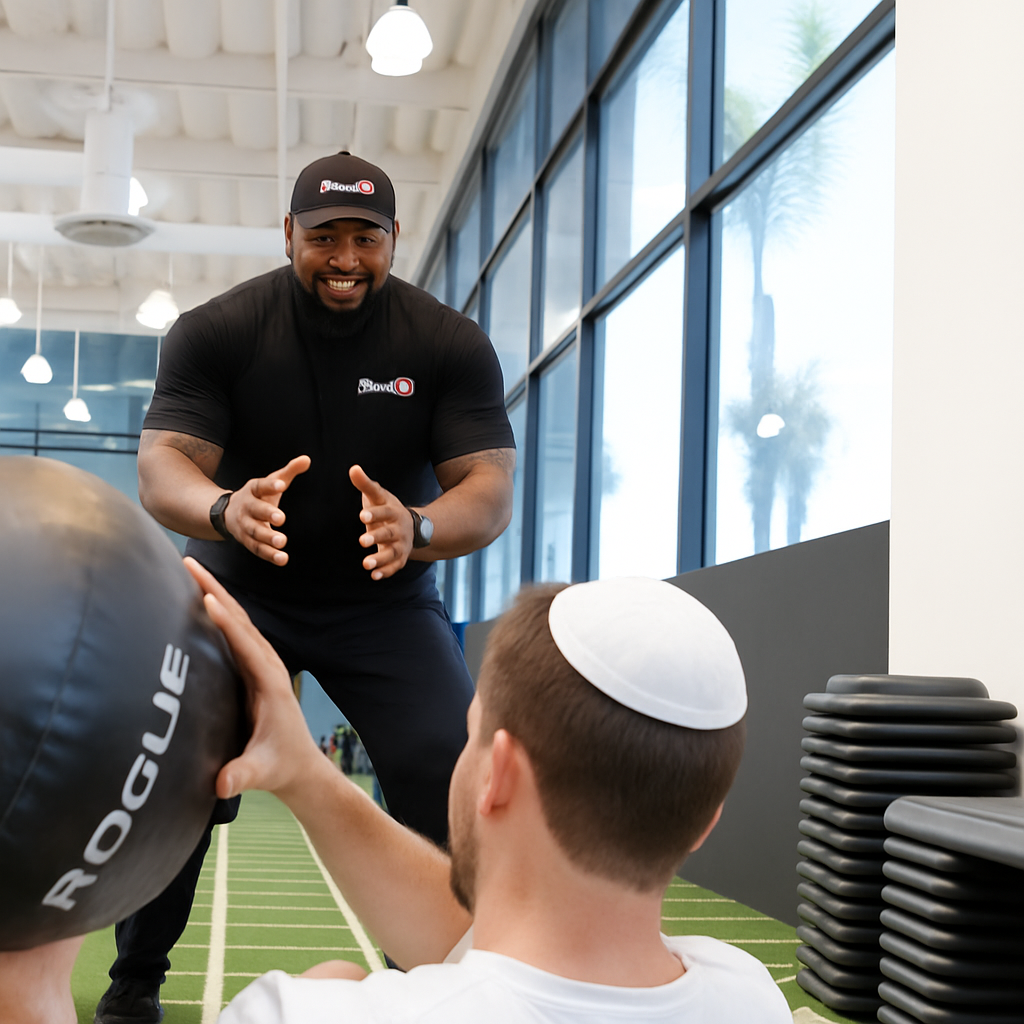 A fitness trainer with a beard, wearing a black shirt and cap, smiling and gesturing with hands, during a workout session at a gym with a young man wearing a white kippah and holding a black Rogue medicine ball.
