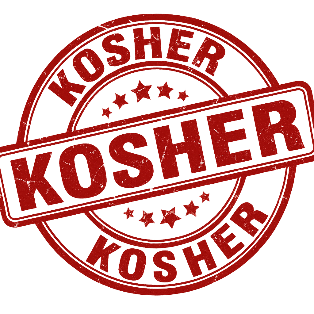 A red stamp-like graphic with the word 'KOSHER' written repeatedly in a circular pattern and across the center. The word 'KOSHER' is prominently displayed in bold, capital letters.