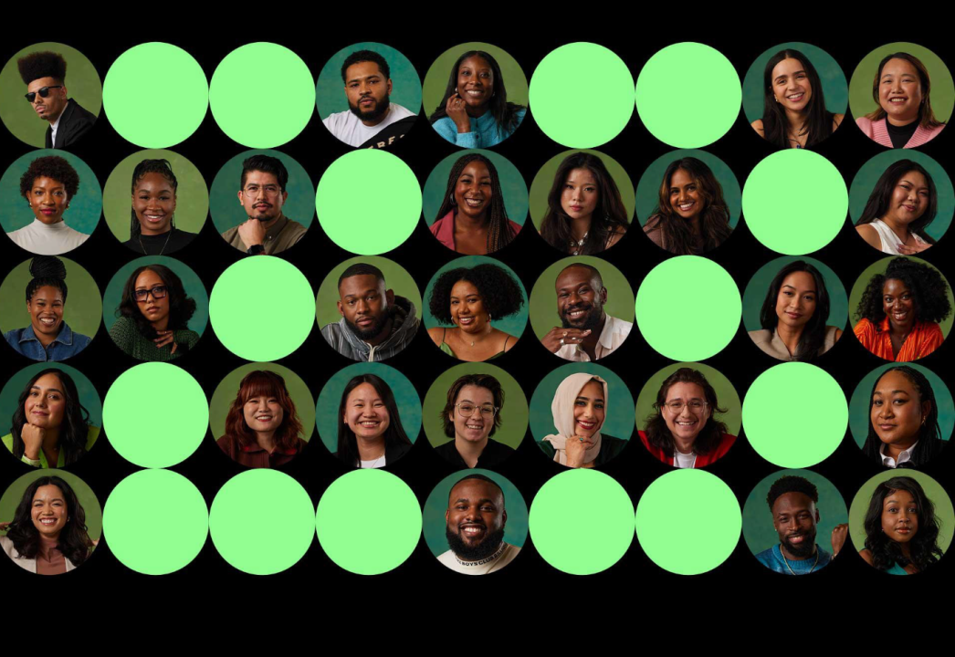 Collage of diverse individuals with some faces obscured by green circles, arranged in a grid against a black background.