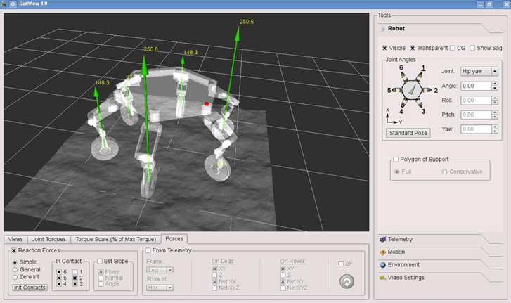 Screenshot of GaitView, a simulation tool I developed to analyze walking gaits for ATHLETE.
