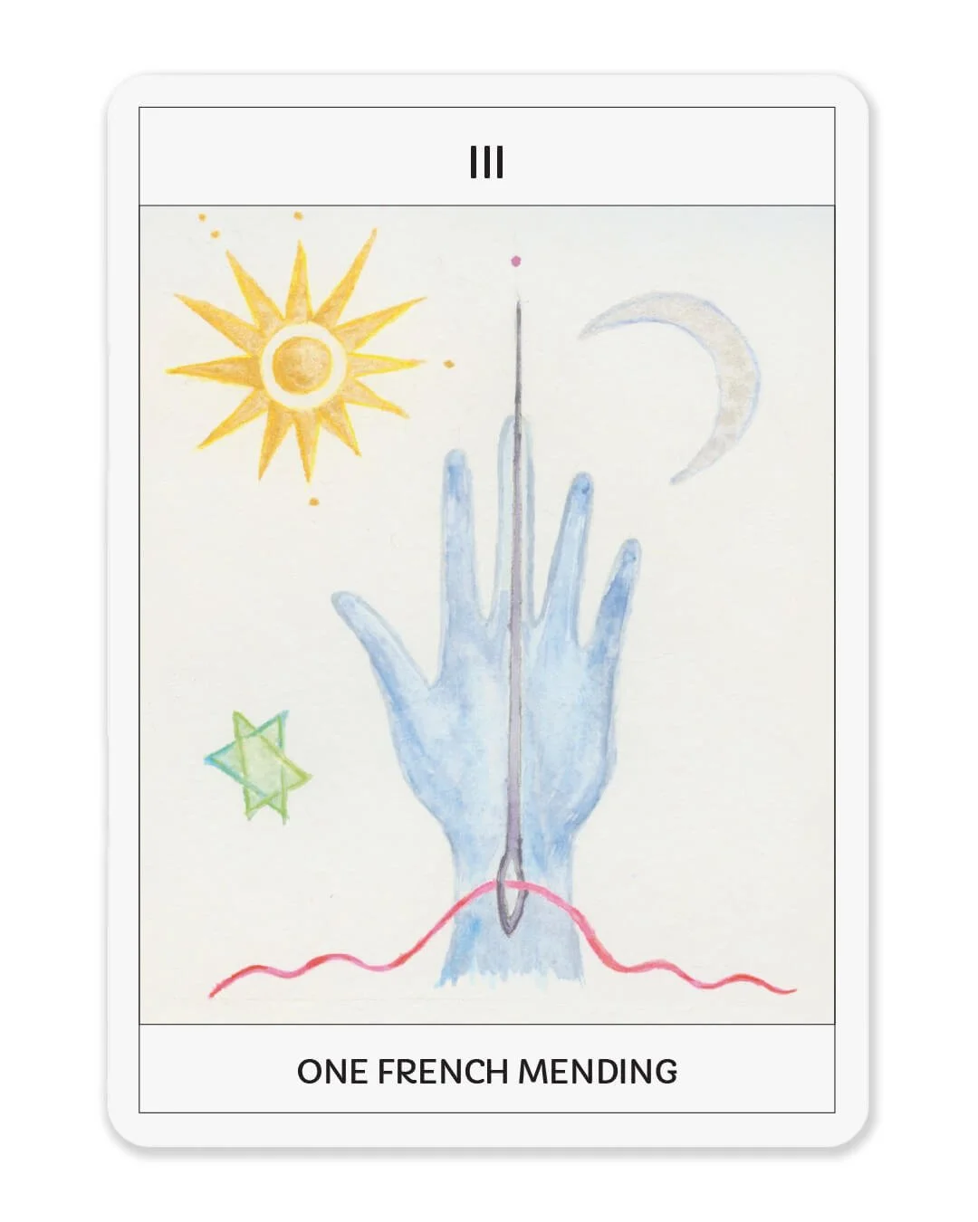 La Main, carte de tarot, créée d'après une aquarelle d'Amélie Rouyer pour symboliser les activités de broderie et de réparation de One French Mending.