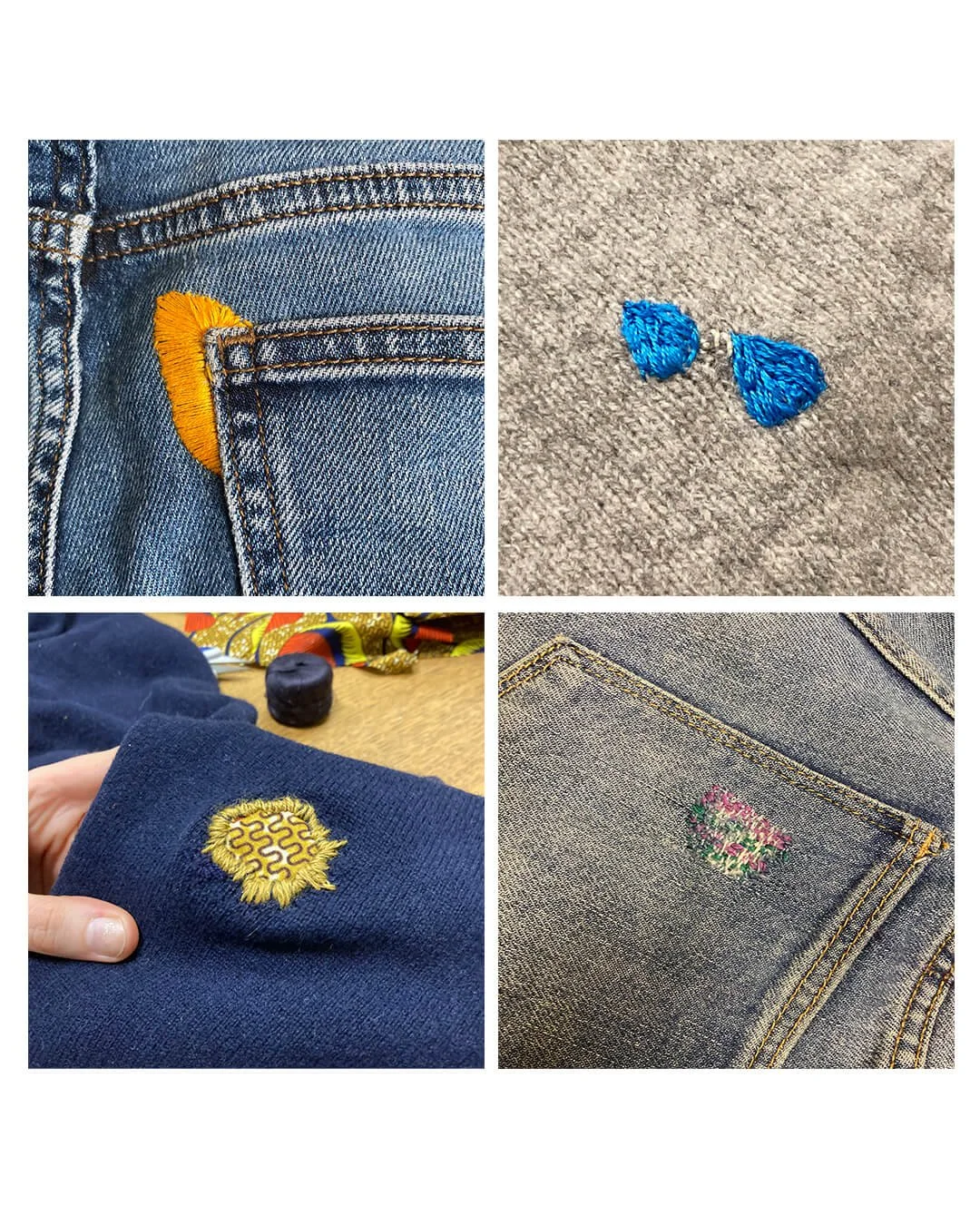 Réparation de pulls et de jeans avec la broderie et les techniques du visible mending.