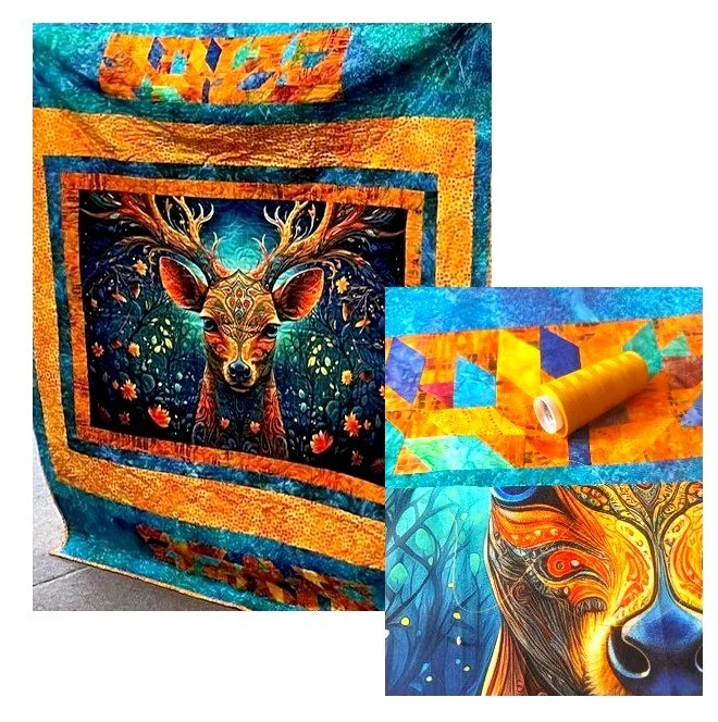 This striking quilt, showcasing an exotic deer motif pieced by a dear friend, bursts to life with vibrant orange thread and a graceful antler-inspired edge-to-edge design. Executed with computerized longarm precision, the quilting adds movement and h