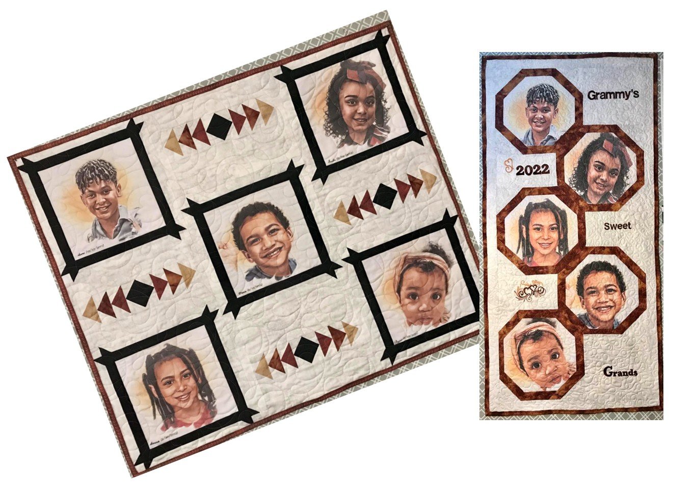 They don't have to be T-shirts. Bring me your cherished snapshots, your favorite faces, the moments that make your heart full. I’ll transform them into whimsical caricatures or soulful portraits - stitched and forever captured in fabric. Each quilt b